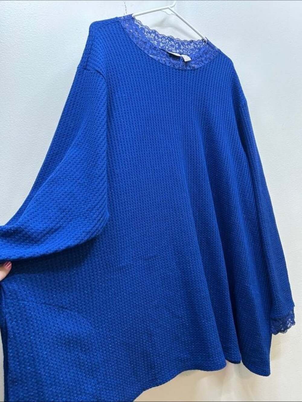LOGO by Lori Goldstein Lace-Trim Waffle Crewneck Sweater in Sparkly Royal Blue - Picture 5 of 10